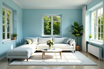 Serene Living Room with Pale Blue Walls, Abundant Natural Light, and Comfortable Sectional Sofa