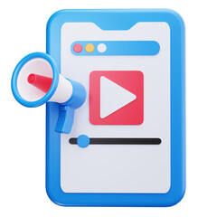 3d rendering of a megaphone and a phone with a play button.