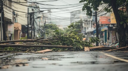 Severe typhoon damage with broken tree branches, fallen debris and blocked road in heavy rainstorm. Natural disaster aftermath, extreme weather, climate crisis and emergency response concept.