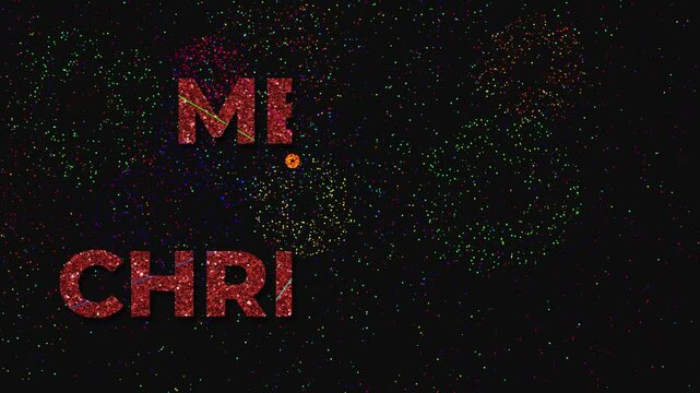 Words MERRY CHRISTMAS displayed in a font with a red glitter texture and a fireworks effect against a black backdrop conveying holiday greetings and celebration