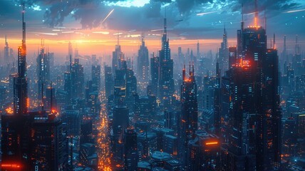 Fototapeta premium Abstract picture with digital style scenery, high tech building scatter around glow fantasy neon light. Cyberspace scene with technology design construction perfect for futuristic style design. AIG53.