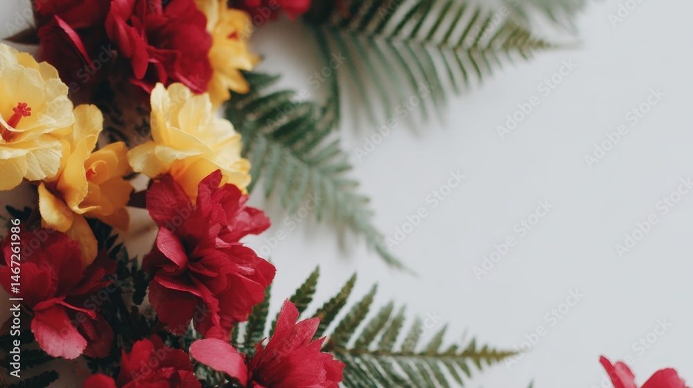 Poster a lively arrangement features ferns alongside bright red and yellow blooms, artistically shaped in a