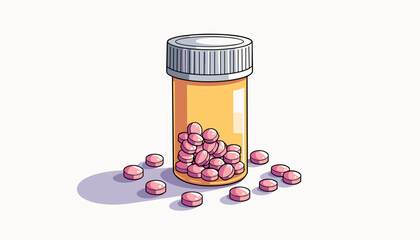 Colorful prescription bottle filled with pink tablets for veterinary care, copy space
