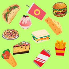 Delicacies against a green background. Everything from tacos, burgers, pizzas to ice cream and cakes describes the deliciously popular dishes.