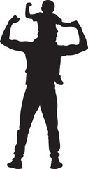 Strong Bonding Silhouette of Adult Carrying Child on Shoulders Flexing Muscles