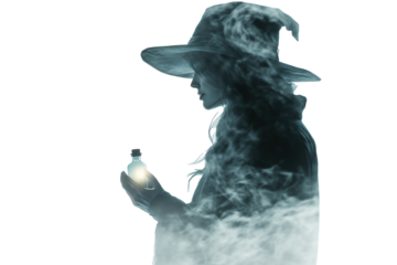 Enigmatic Witch Figure Holding a Glowing Vial in a Smoky Atmosphere