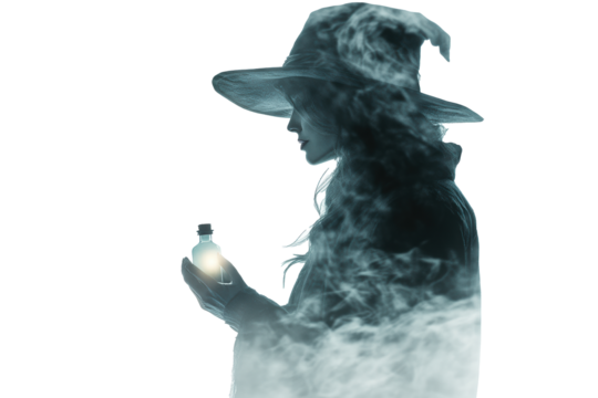Enigmatic Witch Figure Holding a Glowing Vial in a Smoky Atmosphere
