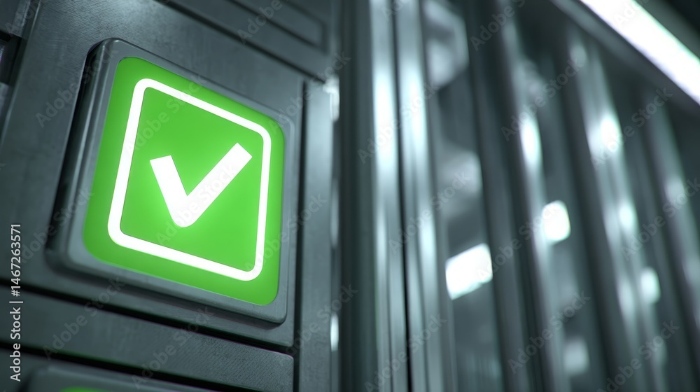 Leinwandbilder Futuristic server tower with a glowing green tick symbol shows advanced technology in a dark metallic setting, emphasizing reliability and efficiency for data management