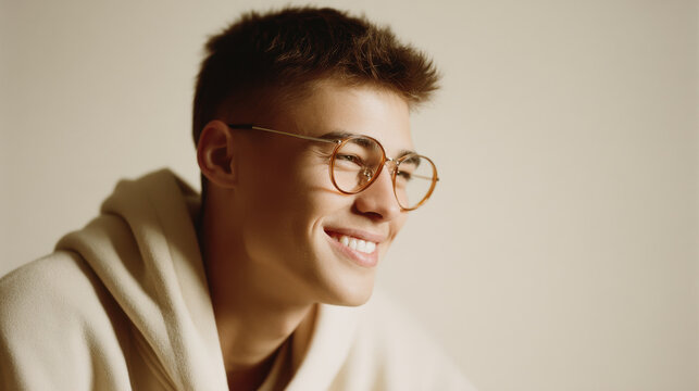 portrait of slacker with sly smile looking sideways on light background with blurred bright colors