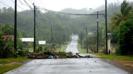 Severe typhoon damage with broken tree branches, fallen debris and blocked road in heavy rainstorm. Natural disaster aftermath, extreme weather, climate crisis and emergency response concept.