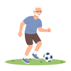 Senior man playing football.Outdoor activities. Fitness, wellness or healthy lifestyle.Flat vector illustration