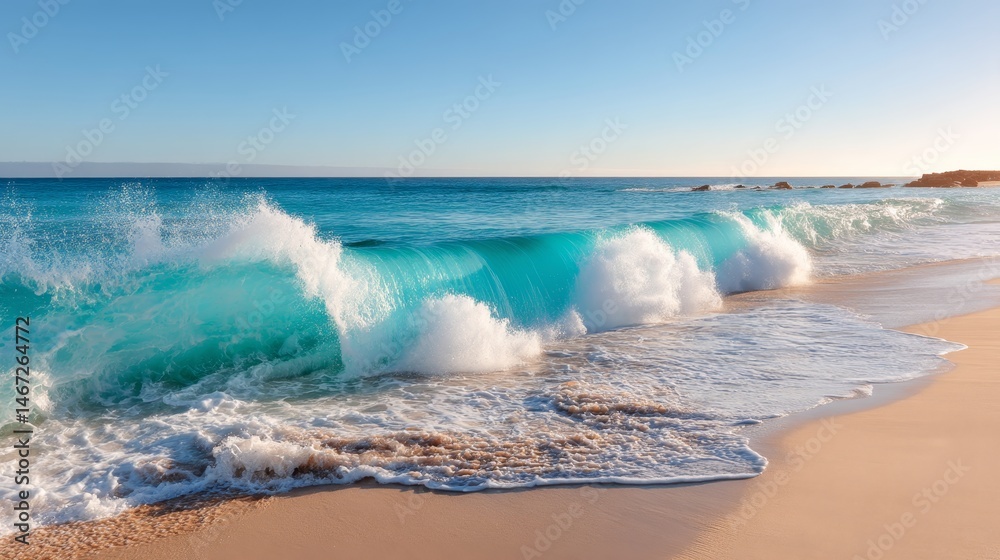 Leinwandbilder a serene ocean wave swells and crashes gently onto a sandy shore during golden hour, casting soft li