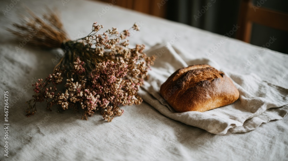 Aufkleber A rustic sourdough loaf rests next to a bundle of dried wildflowers on a soft linen cloth, creating a warm and inviting setting filled with earthy tones