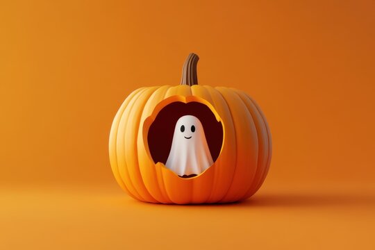 A pumpkin with a ghost inside on an orange background for halloween holiday decoration display scene