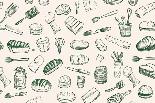 A delightful pattern featuring various baking tools and bread varieties, rendered in a charming hand-drawn style