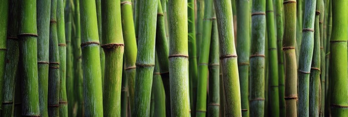 Fototapeta premium Green bamboo stalks growing closely in natural dense forest