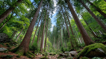 View upwards through tall, vibrant green trees, with sunlight and blue sky