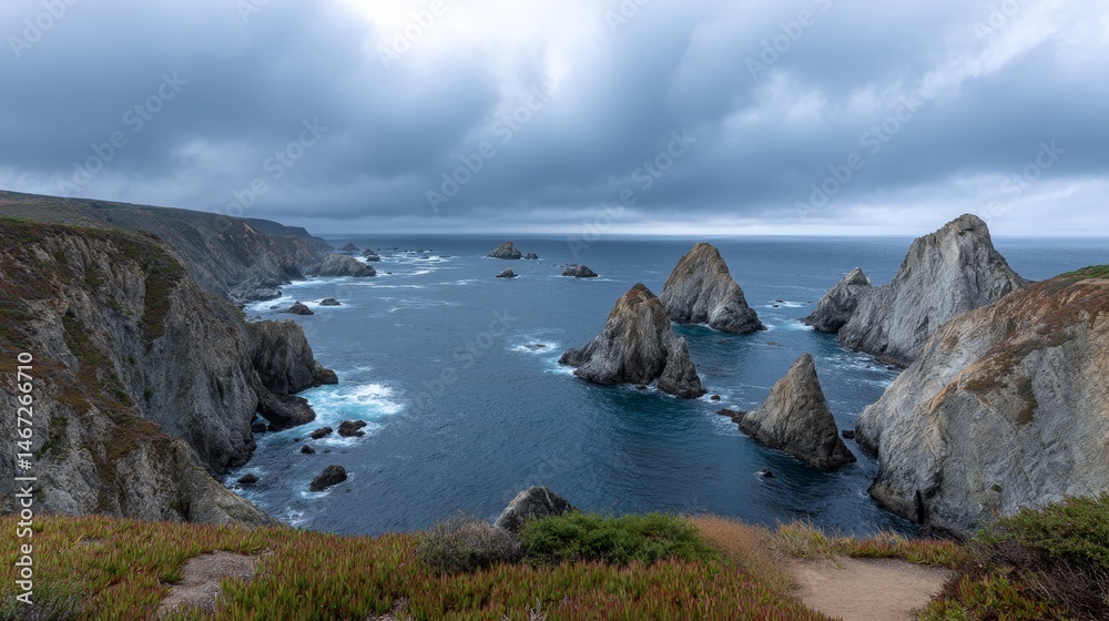 Poster Stormy gray waves collide with rugged cliffs as a brooding sky looms overhead, creating a dramatic contrast in this serene coastal landscape