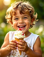 Petit gar&ccedil;on riant en tenant un cornet de cr&egrave;me glac&eacute;e. Custom AI Model