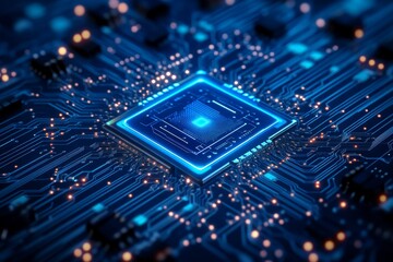 High-tech CPU on circuit board; glowing; complex network background; illustration