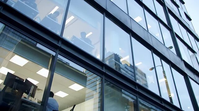 Workers Inside Modern Office Building Seen Through Glass Windows