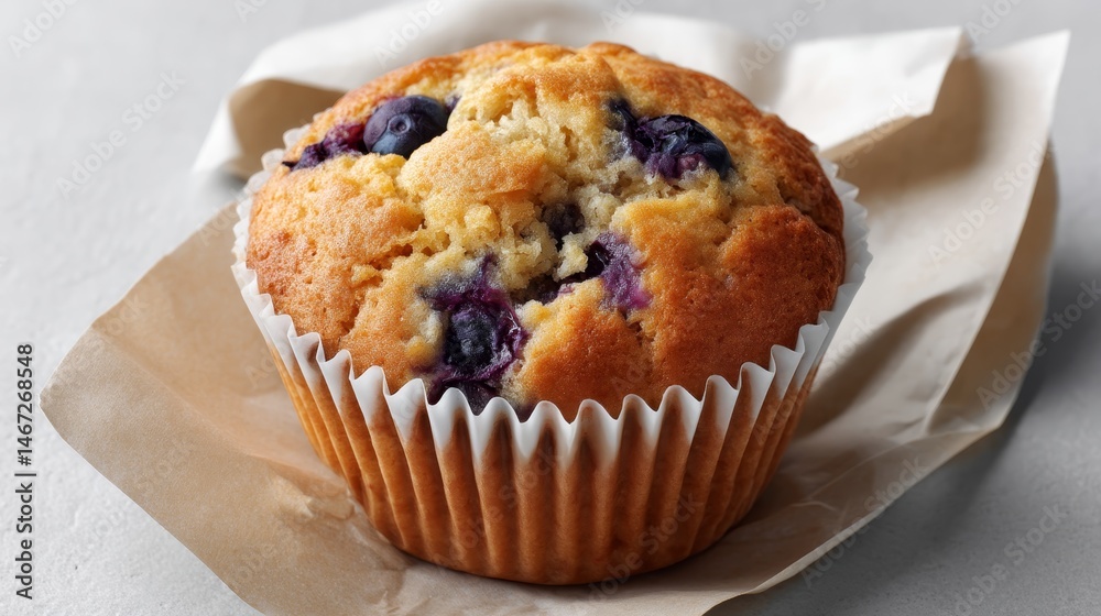 Poster a blueberry muffin sits attractively on a simple kraft paper sheet with a minimal white background, 