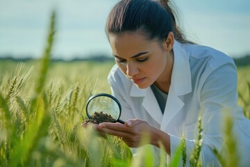A female scientist in a field of wheat, examining soil with a magnifying glass in daylight for research and analysis.
