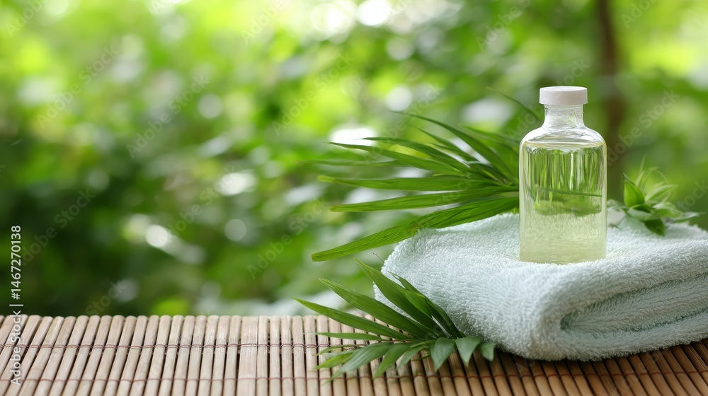 Poster soft-light highlights a plush towel and aromatic oils on a bamboo mat, creating a serene atmosphere 