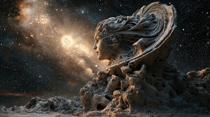 Obraz premium Cosmic sculpture of a female figure against a starry expanse.