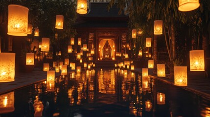 Obraz premium Temple Courtyard Illuminated by Floating Lanterns