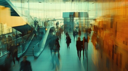A busy indoor space featuring several people in casual attire.