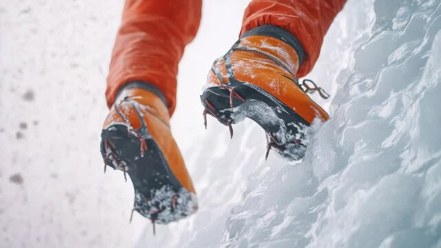 Mountaineering boots with sharp crampons gripping icy waterfall surface, showcasing extreme winter climbing technique and adventurous spirit during challenging alpine expedition