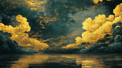 Abstract Japanese Golden Clouds over Dark Waters