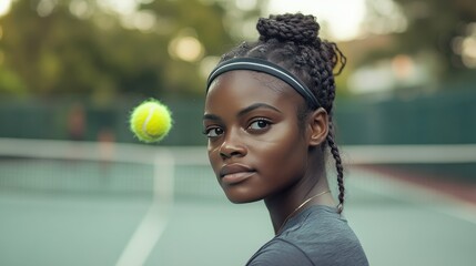 A young woman with long braided hair gazes over her shoulder, wearing a black athletic top.