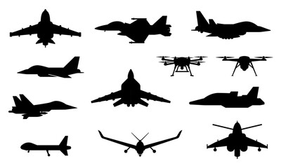 Obraz premium Set of silhouettes of drones, fighter jets, and military aircraft viewed from multiple angles, showcasing air force strength and unmanned aerial vehicle design variations. Transparent background
