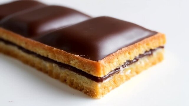 Rectangular Layered Pastry Topped with Shiny Chocolate Glaze Displays Brown and Yellow Hue on White Background