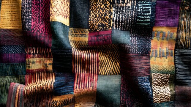 Bold patchwork textile with vibrant colors and patterns
