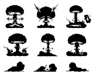 Set of various explosion black figures isolated on transparent background. Mushroom clouds, detonations, war themes. Nuclear, atomic bomb shapes blast. Vector set for conflict, destruction visuals.