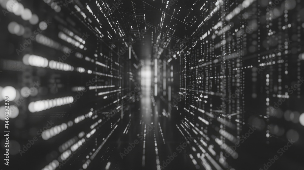 Poster abstract of complex glitch with pixel effect in dark background use shading and monochrome to expres