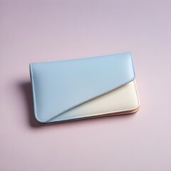 A blue and white wallet displayed on a soft pink background, highlighting its design and color contrast
