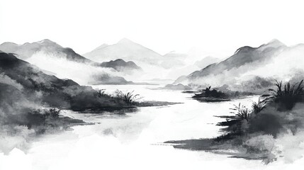 Hand-drawn sumi-e painting of a river valley
