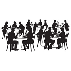 Vector Black silhouette of people sitting at restaurant tables eating and drinking with white background