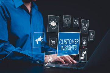 Customer Insights and Marketing Strategy Analysis Concept. Professional analyzing customer insights on icons representing digital marketing, AI analytics, customer data, and behavior tracking tools.