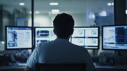 Man in a control room monitoring multiple computer screens at night.