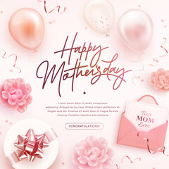 Happy mother's day square web banner, poster, greeting card design template. Realistic 3d helium balloons, envelope and gift box. Mother day background. Vector illustration