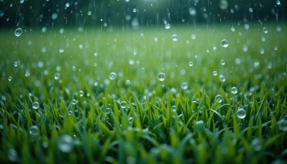 Fresh raindrops fall on vibrant green grass, creating a refreshing and lively outdoor scene.