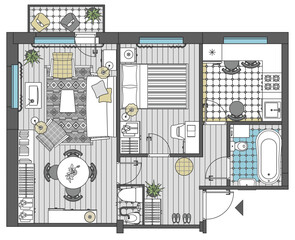 Two room apartment in top view. Floor plan with furniture placement. The interior design project. Architectural plan of russian standard khrushchevka. Apartment with kitchen and bedroom. Vector