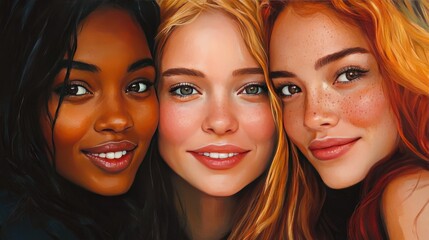 Three cheerful young women pose closely together, smiling widely.