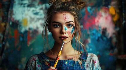 A young woman stands playfully in an art studio, with a paintbrush clenched between her lips and a cheeky pout.