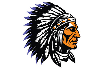 A colorful portrait of a Native American chief in a feathered headdress. His face is etched with wisdom and determination.